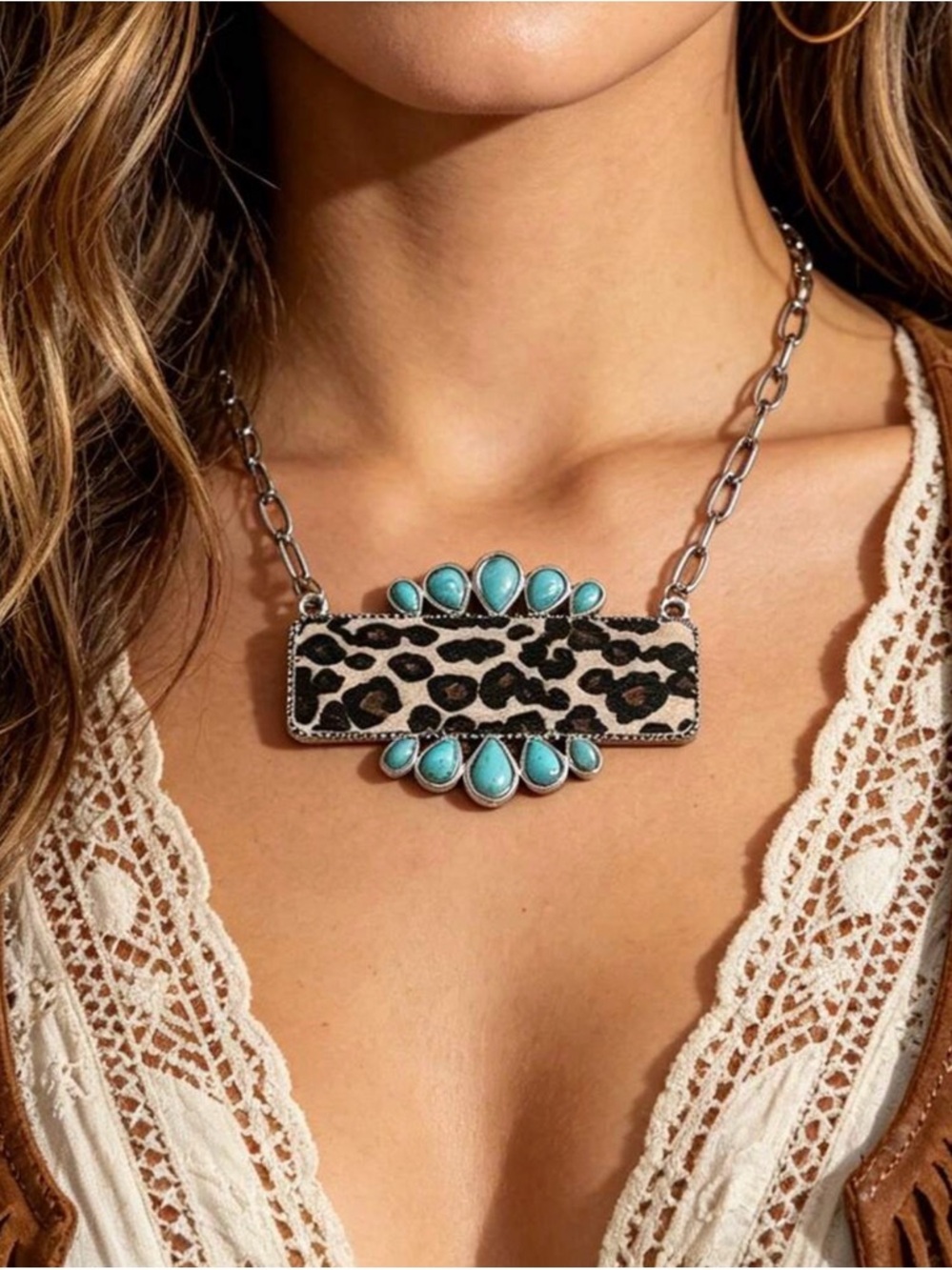 Wild West Luxe Leopard Turquoise Statement Necklace